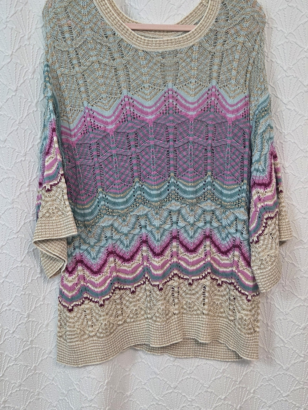 Boho Crochet Wave Knit Sweater in Beige, Pink & Teal